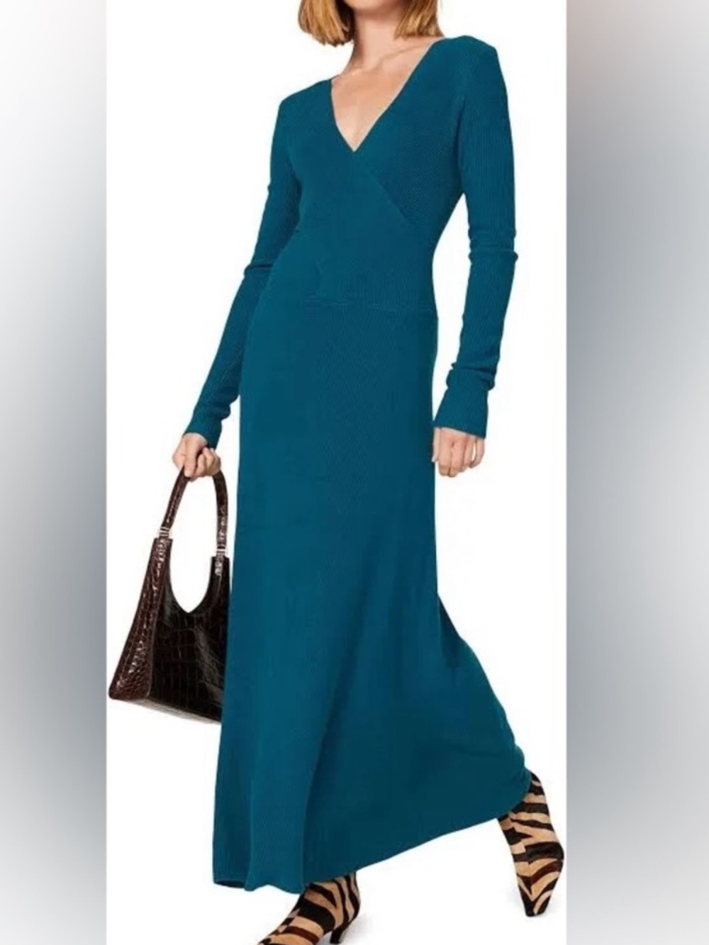 Tome Collective Crossfront Maxi Sweater‎ Dress Merino Wool Blend Teal Small